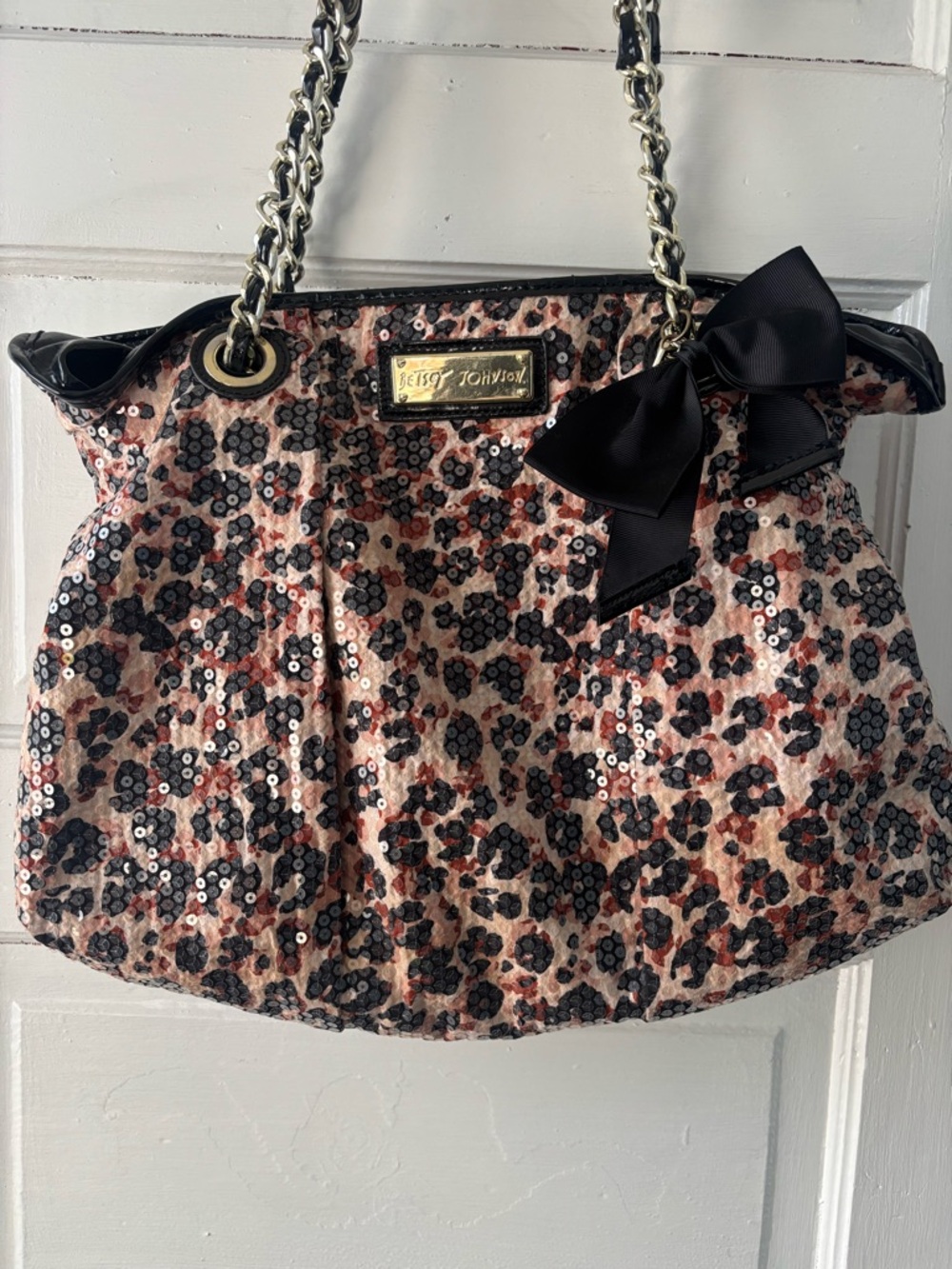 Betsey Johnson Sequin Cheetah Print Purse W/Black Bow ~ Punk ~ Glam